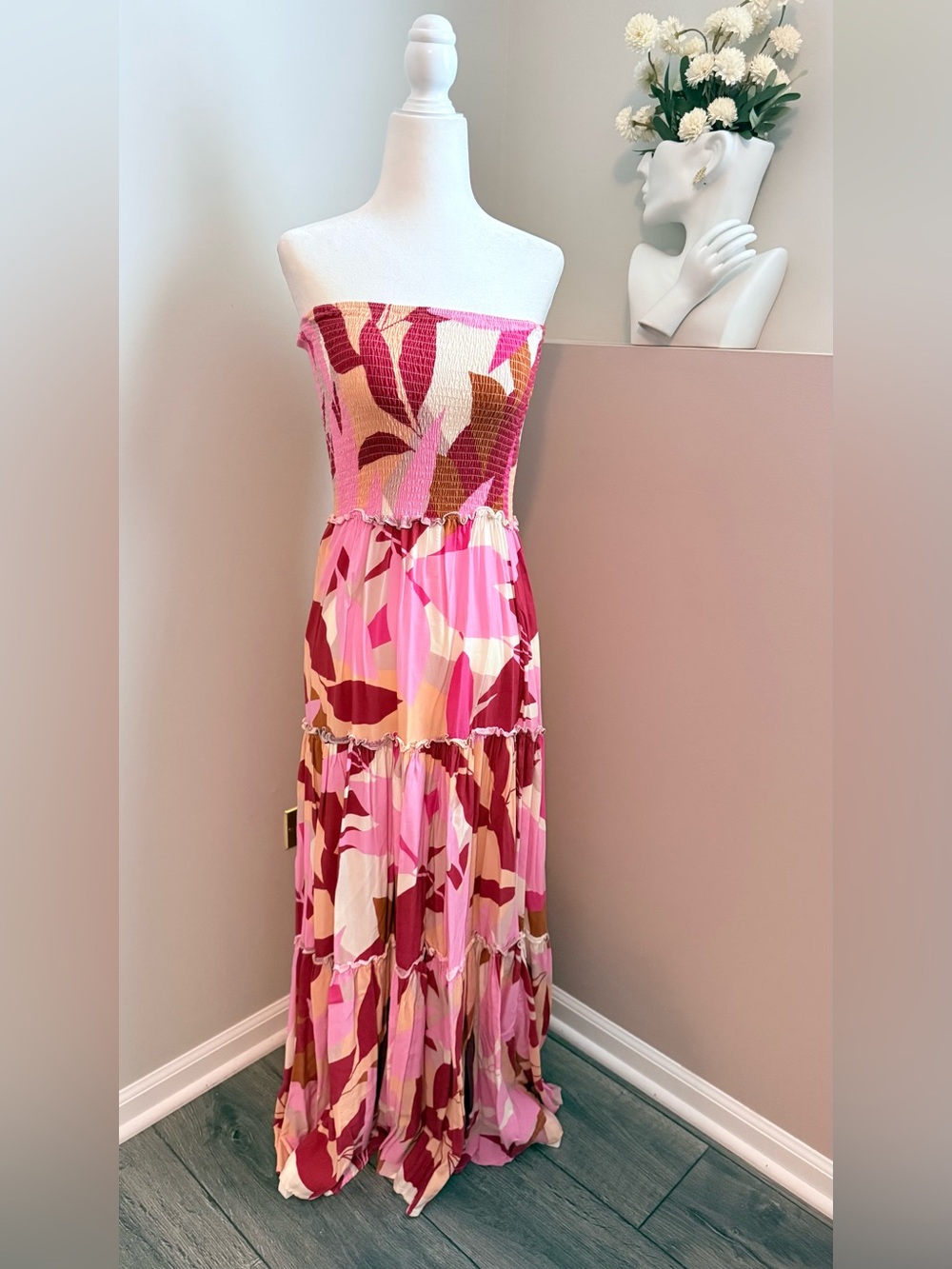 Abel the Label Women’s Small  Strapless Pink Tiered Maxi Summer Vacation Dress‎